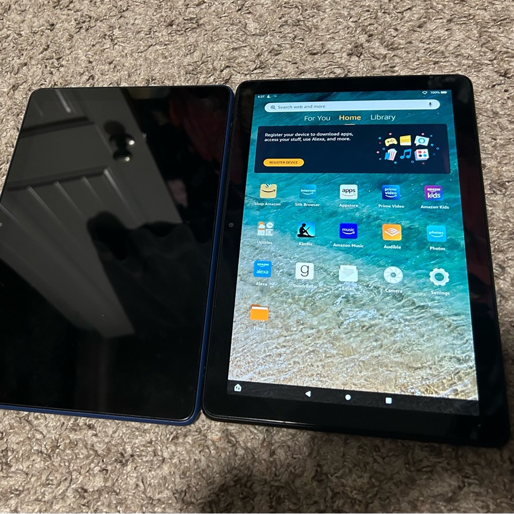 2 Amazon Fire Tablets - Black and Blue